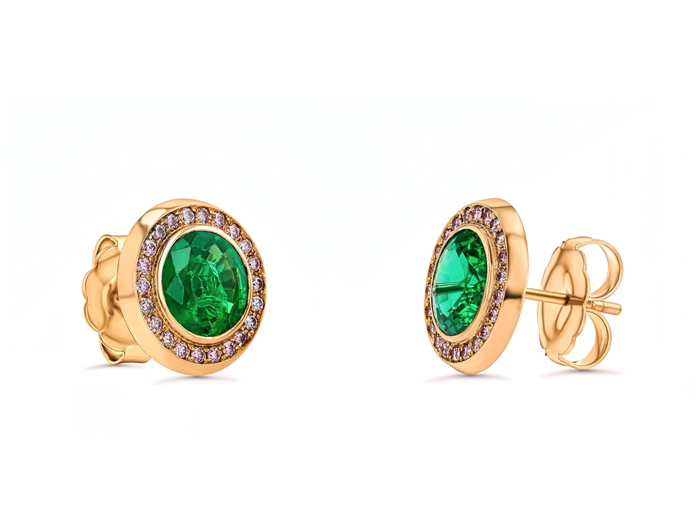 Colorful Jewelry 1 emerald and pink diamonds earrings in 18k pink gold
