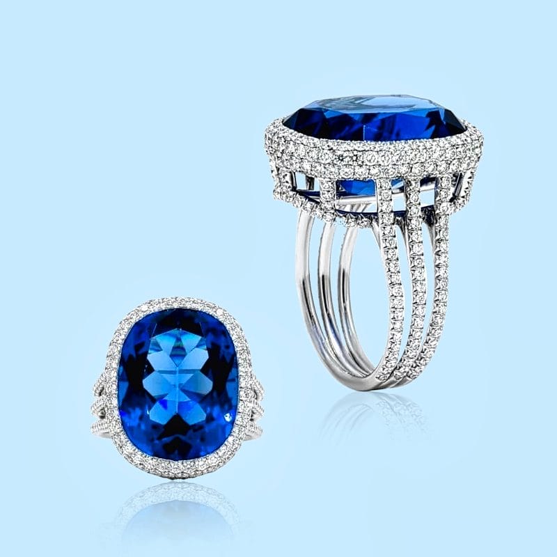 blue sapphire diamond high end fashion ring in 18k white gold