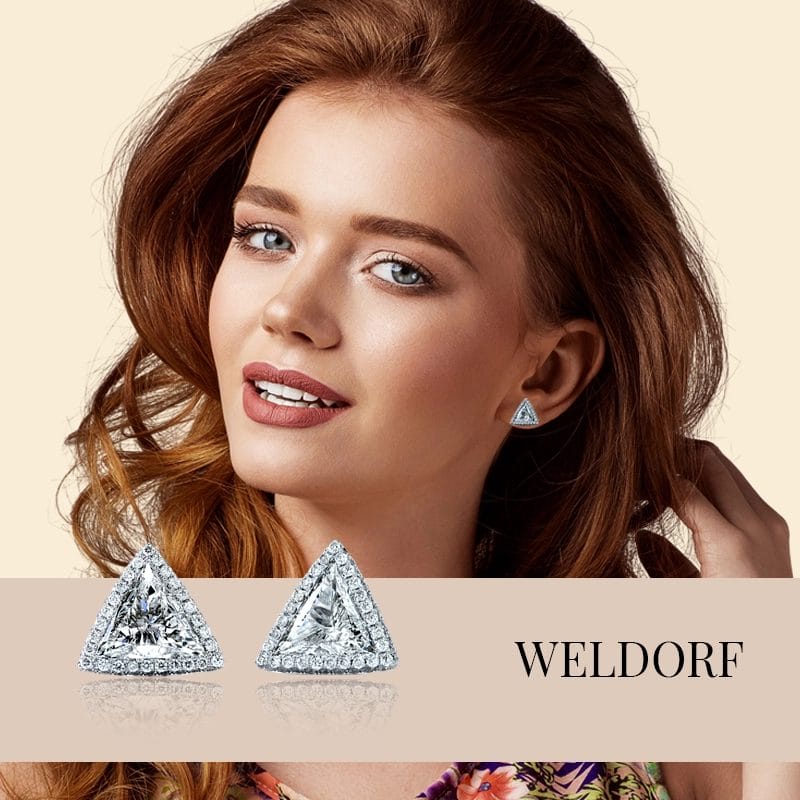 triangle diamond earrings with pave setting in 18k white gold